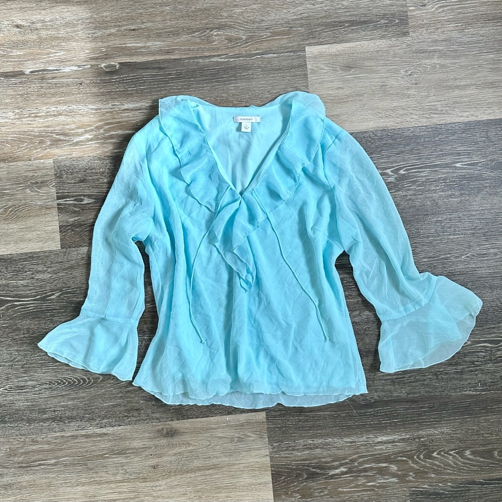 Dressbarn Aqua Sheer Ruffle V-Neck Blouse Bell Sleeve Fairycore Y2K Large